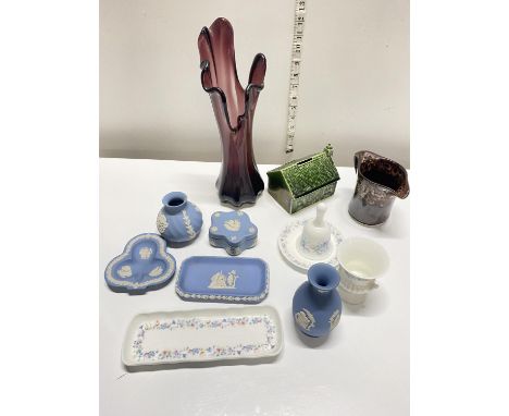 A selection of assorted ceramics including Wedgewood Jasperware and art glass vase, shipping unavailable
