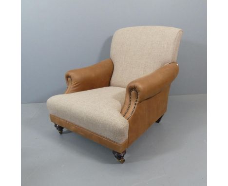 TETRAD - A contemporary Taransay Midi three seater scroll-arm sofa, upholstered in Harris Tweed and studded tan leather. RRP 