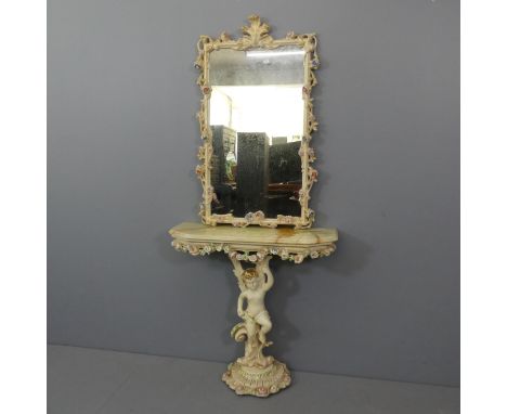A modern onyx-topped console, with painted resin cherub design base and matching mirror.Dimensions - table 83x80x26cm, mirror