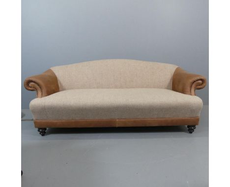 TETRAD - A contemporary Taransay Midi three seater scroll-arm sofa, upholstered in Harris Tweed and studded tan leather. RRP 