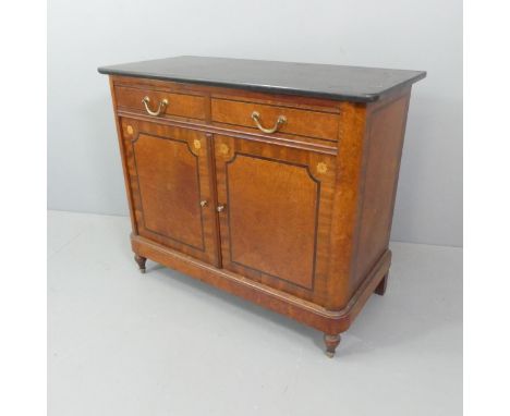 A French mid-20th century amboyna and ebony strung marble topped buffet, with inlaid decoration, two frieze drawers above two