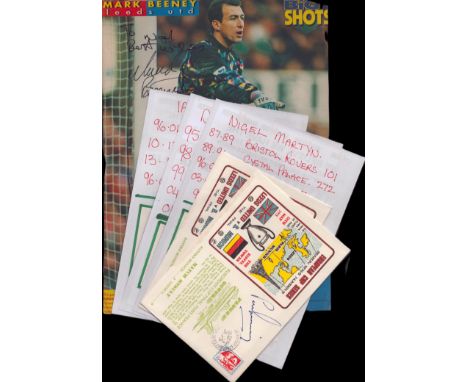 Leeds United Legends 6 signed pages, photos and FDC of various sizes. Including names of Nigel Martyn, Paul Reaney, Mark Been