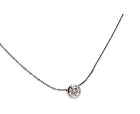 DIAMOND SINGLE STONE PENDANT
with a collet set round brilliant cut diamond of approximately 0.50 carats, unmarked, on an eigh