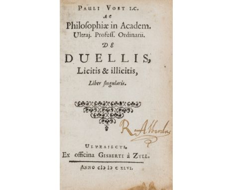 Duelling.- Law.- Voet (Paul) De duellis, licitis &amp; illicitis, liber singularis, first edition, title with woodcut ornamen