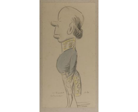 δ Beerbohm (Max) Mr Reginald McKenna, black chalk and watercolour on wove paper, signed and inscribed, sheet 320 x 160 mm (12