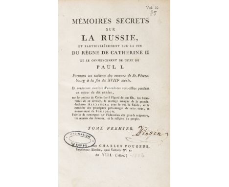 Russia.- [Masson de Blamont (C.F.P.)] Mémoires Secrets sur la Russie..., 3 vol., half-titles, contemporary ink signature and 