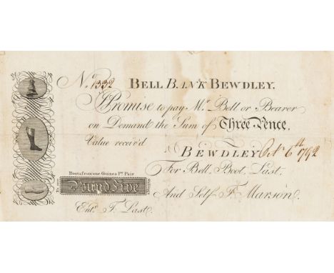 18 century Bootmaker's advertisement in the form of a banknote.- Bell Bank Bewdley. Promise to pay Mr Bell or Bearer on Deman