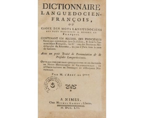 NO RESERVE Occitan.- Languedocien.- Boissier de Sauvages (Pierre-Augustin de) Dictionnaire Languedocien-François, ou choix de