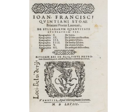 Quinziano Stoa (Giovanni Francesco) De syllabarum quantitate epographiae sex, title with woodcut printer's device, woodcut he