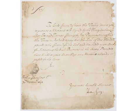 Irish Prisoners in the Savoy Prison.- Guy (Henry, politician, bap. 1631, d. 1711) Letter signed to the Treasury asking for a 