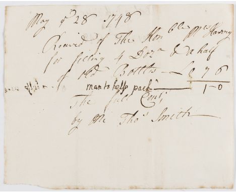 Bottling Bath Water.- Receipt made out to Hon Mrs Harvey "for filling 4 doz &amp; a half red bottles", manuscript, 1p., folds