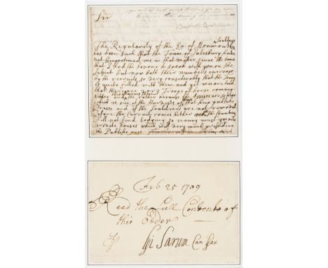 Burnet (Gilbert, Bishop of Salisbury and historian, 1643-1715) Cut signature signed "Gi Sarum" as Bishop of Salisbury, manusc