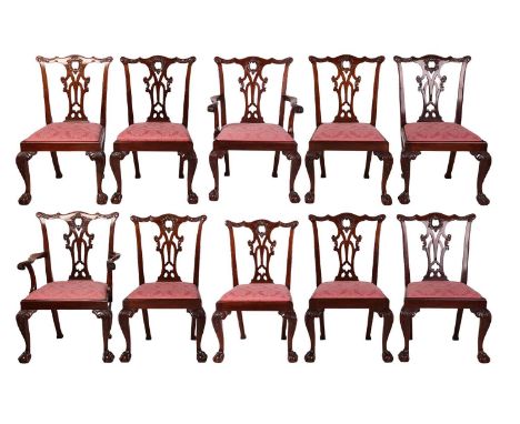 A set of ten well-proportioned mahogany Chippendale-style dining chairs, first half of the 20th century, with pierced and car