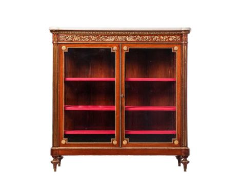 A Napoleon III marble-topped Kingwood two-door standing vitrine cabinet, with gilt bronze mounts and inlay, the cabinet with 