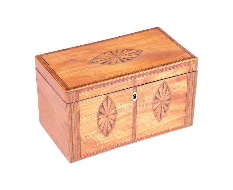A George III Sheraton period figured satinwood and parquetry inlaid two-section rectangular tea caddy, strung in boxwood and 