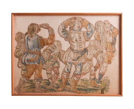 A 17th century Flemish silk tapestry fragment, depicting figures revelling, glazed in a mondern frame, 57 cm x 76 cm.