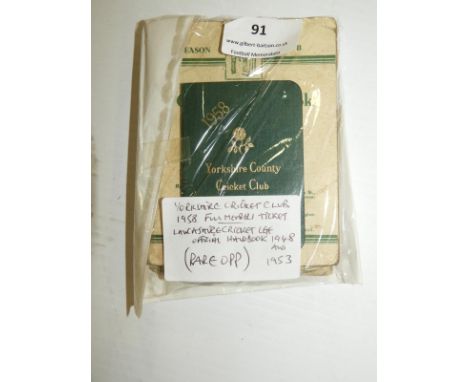 Yorkshire Cricket Club 1958 Full Members Ticket, and Lancastershire Official Handbook 1948 &amp; 1953  