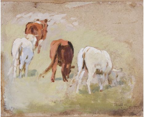Unframed, mounted, indistinctly signed, oil on paper laid on card, sketch of cows grazing, 19.5cm x 24cm.