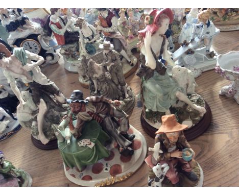 Lot to include five unglazed ceramic figurines including shepherd boy and girl on wooden mounts.