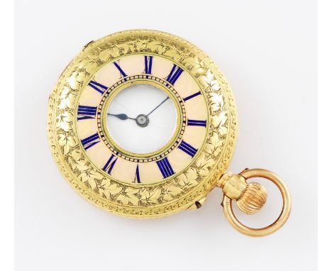 An 18ct yellow gold cased crown wind half hunter fob watch, the white enamel dial having hourly Roman numeral markers with mi