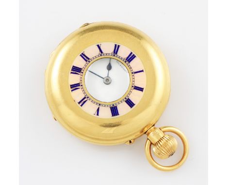 An 18ct yellow gold cased Edward & Sons crown wind half hunter fob watch, the white enamel dial having hourly Roman numeral m