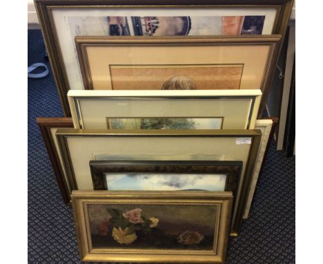 Lot to include a selection of framed oil on board and oil on canvas paintings, a watercolour, a drawing and prints, by varyin