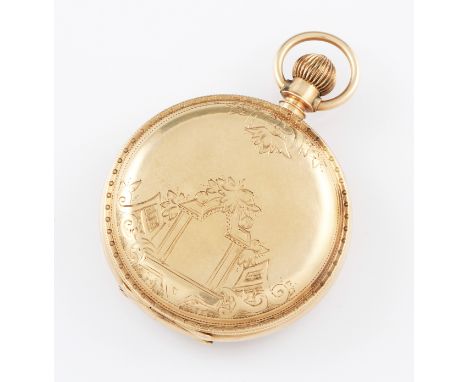 A yellow metal Dominian Watch Co. crown wind full hunter pocket watch, the white enamel dial having hourly Roman numerals wit