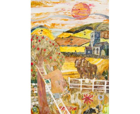 NORMAN LAMPUTT. Unframed, signed, gouache and mixed media on paper, showing figure on ladder picking apples before horse draw