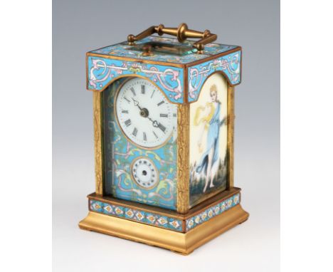 A late 20th Century French brass and champlevé enamel repeater carriage clock with twin barrel movement, body having enamel t