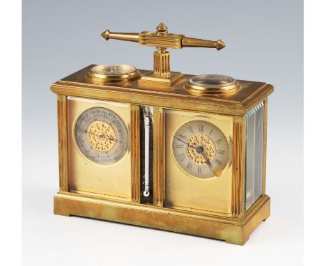 An early 20th Century French brass desk weather station carriage clock, the body having linear patterned columns with similar