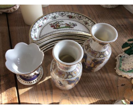 Seven Spode Chelsea pattern side plates, two Japanese gilded vases, and a Regal collection gilded vase.