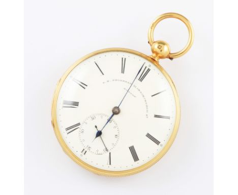 A Victorian 18ct yellow gold G.E. Frodsham key wind open face pocket watch, the off-white enamel dial having hourly Roman num