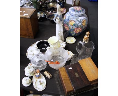 A lot to include large Sylvac floral pattern jar, porcelain lady, Victorian crackle glass handled vase, Limoges dressing tabl