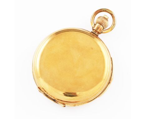 A gold plated Thomas Russell & Son, Liverpool, crown wind full hunter repeater pocket watch, the white enamel dial having hou