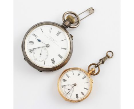 An 18k yellow gold crown wind open face fob watch, the white enamel dial having hourly Roman numeral markings with minute tra