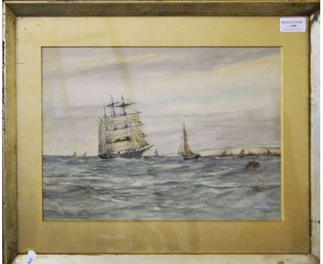Four framed, signed, watercolours on paper, to include AUBREY RAMUS, ship in a seascape, THOMAS MORTIMER, boats beside a pier