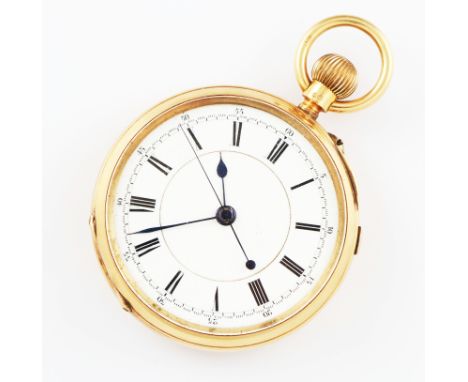 An 18ct yellow gold cased crown wind open face pocket watch, the white enamel dial having hourly Roman numeral markers with m