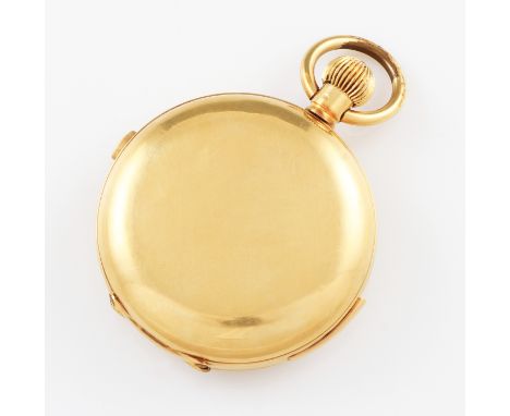 An 18k crown wind full hunter repeater pocket watch with stop watch function, the white enamel dial having hourly Roman numer