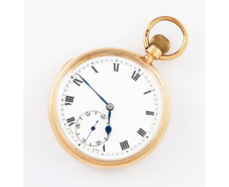 A 9ct rose gold crown wind open face pocket watch, the white enamel dial having hourly Roman numeral markers with minute trac