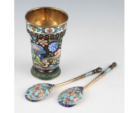 A late 19th/early 20th Century Russian silver and cloisonné enamel beaker, by Pavel Ovchinnikov, of circular tapering form an