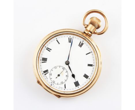 A gold plated crown wind open face pocket watch, the white enamel dial having hourly Roman numeral makers with minute track b