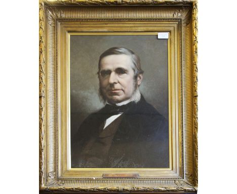 Framed, unsigned, 19th Century oil on board, bust length portrait of a gentleman with sideburns in a dark jacket and neck tie