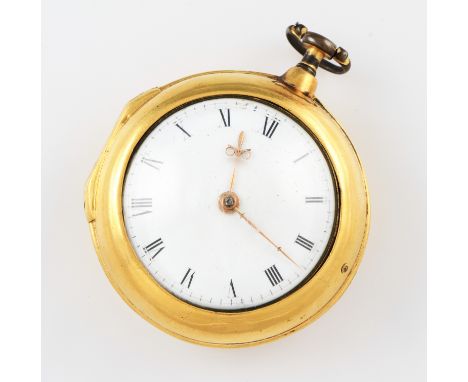 A gilt metal Thomas John, London, key wind verge movement pair cased pocket watch, the white enamel dial having hourly Roman 