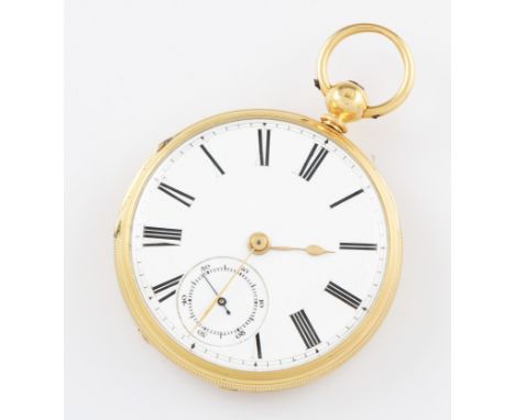 A Victorian 18ct yellow gold cased key wind open face pocket watch, the white enamel dial having hourly Roman numeral markers