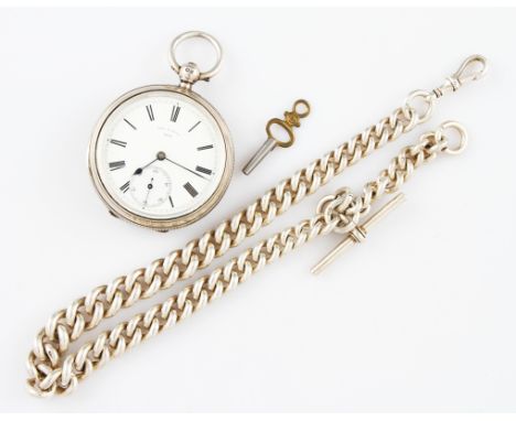 A Victorian silver key wind open face pocket watch, the white enamel dial having hourly Roman numeral markers with minute tra