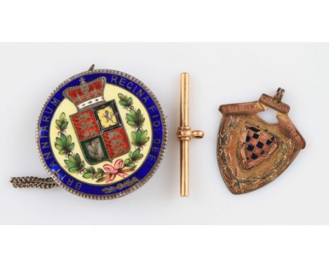A lot to include a Victorian 9ct rose gold pendant, engraved to front 'Charity Grantham Cup' and reverse 'J. R. Codling Full 