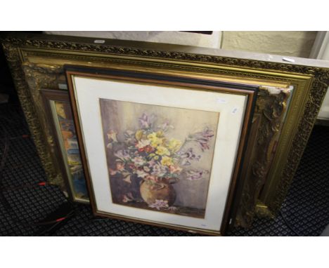 Five various pictures and prints including oil on board of a canal scene by RN Smith 1981, watercolour still life, oil on can