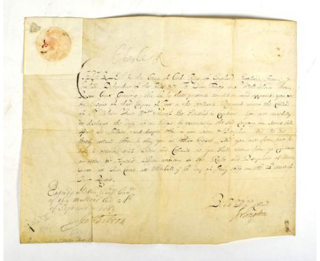 Charles II Warrant signed (''Charles II'' at head), appointing Thomas Preston Ensign to the Holland Regiment under Sir Walter