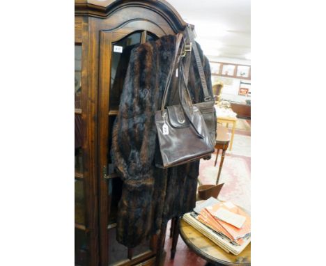 Fur 'Coney' coat and 3 old leather handbags (1 Jane Shilton)