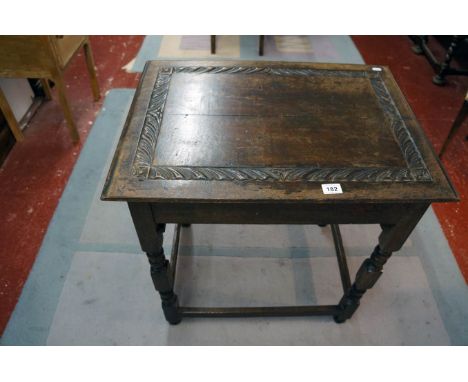 Early carved oak and bobbin turned occasional table (without drawer)